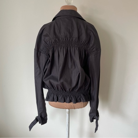By Anthropologie Cropped Ruched-Sleeve Washed Black Cotton Moto Jacket EUC Sz XL - Picture 10 of 12